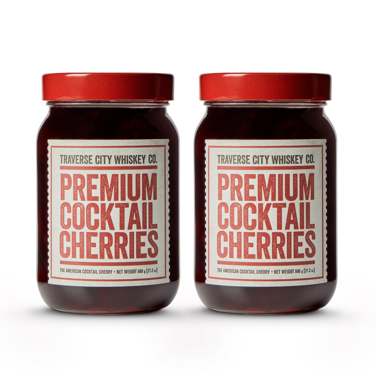 Traverse City Whiskey Co. premium cocktail cherries in a two-pack, ideal garnish for cocktails.