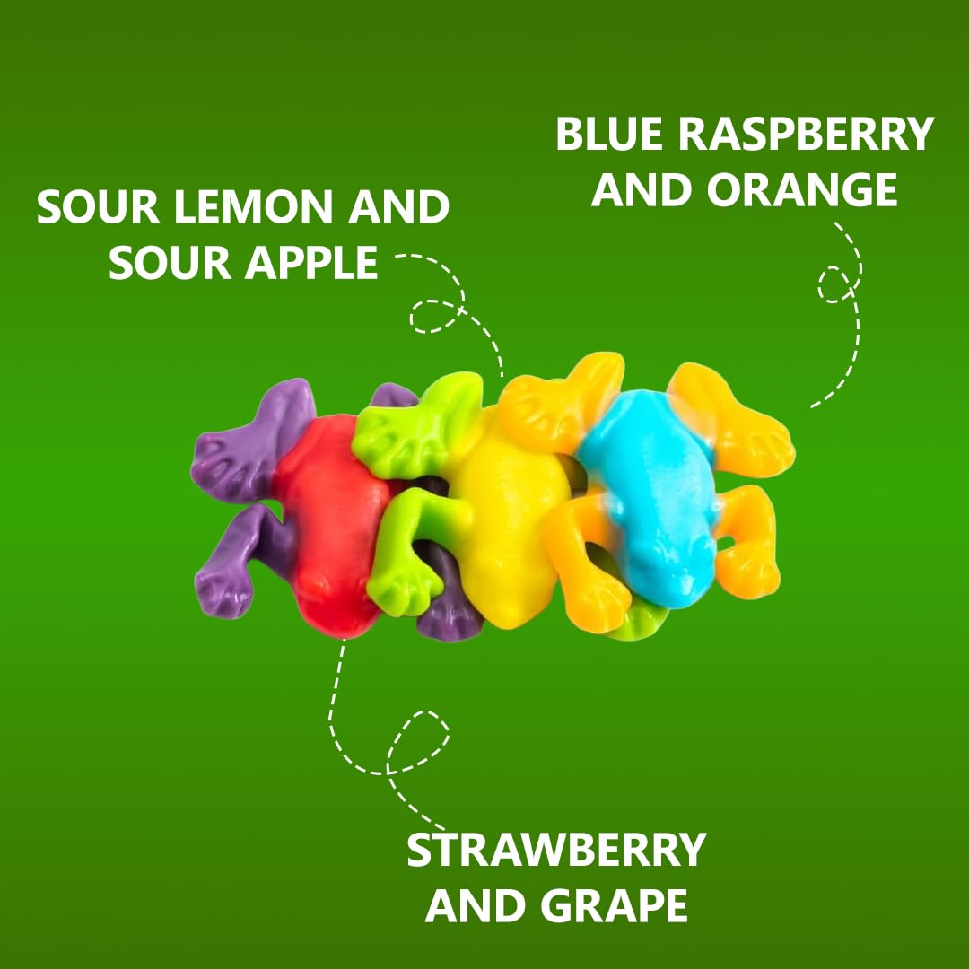 Close-up of soft chewy Rainforest Frogs gummies in vibrant colors.