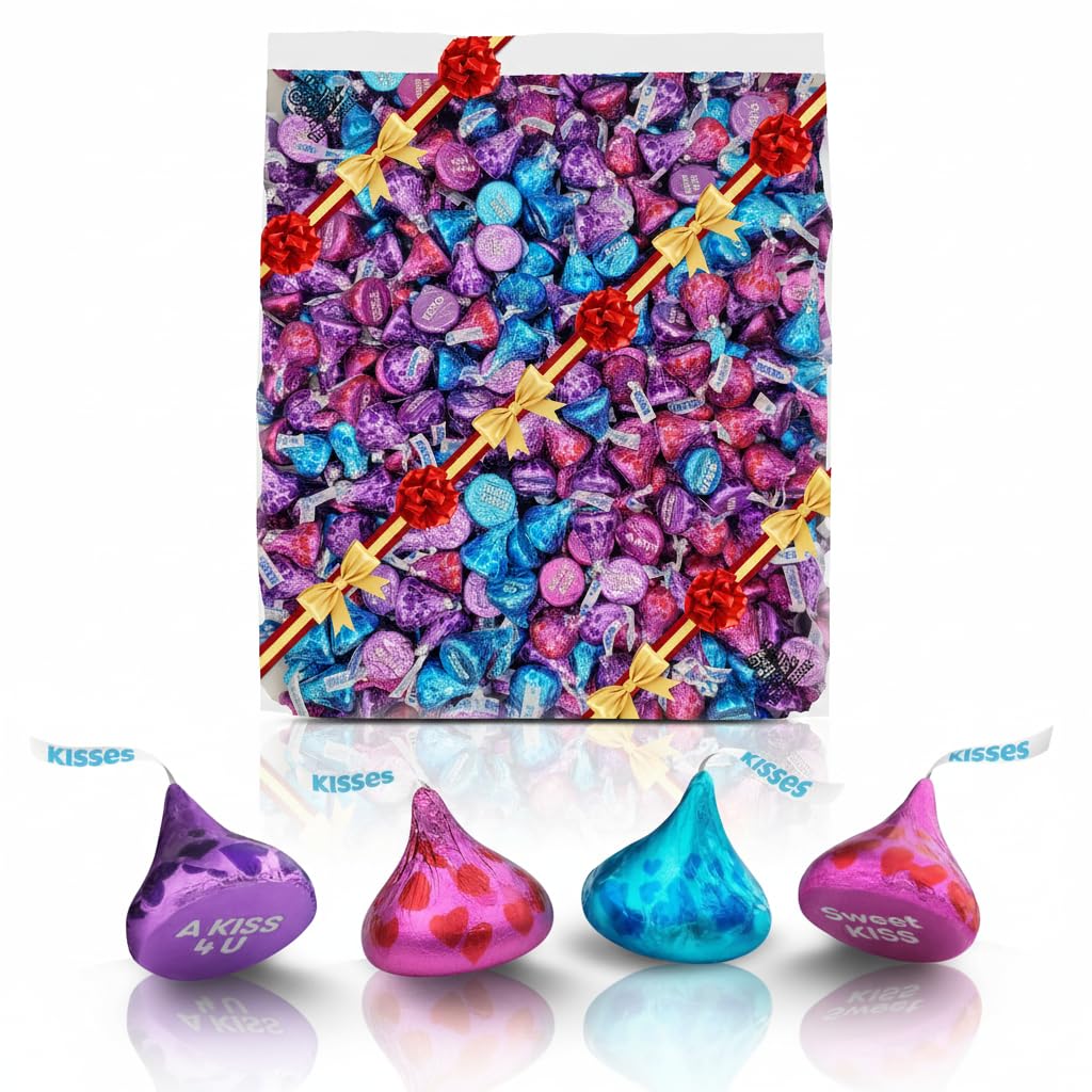 TreatBasket milk chocolate conversation kisses with pink, blue, and purple foils for party favors.