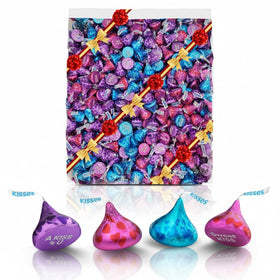 TreatBasket milk chocolate conversation kisses with pink, blue, and purple foils for party favors.