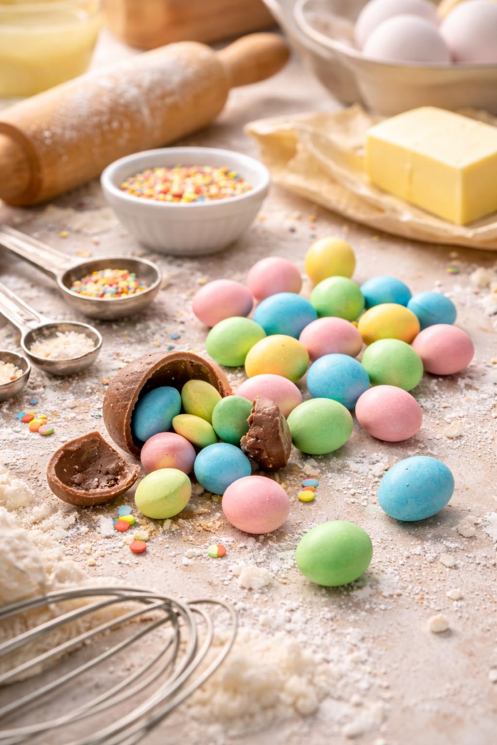 TREATBASKET solid milk chocolate center contrasts with a crunchy candy shell