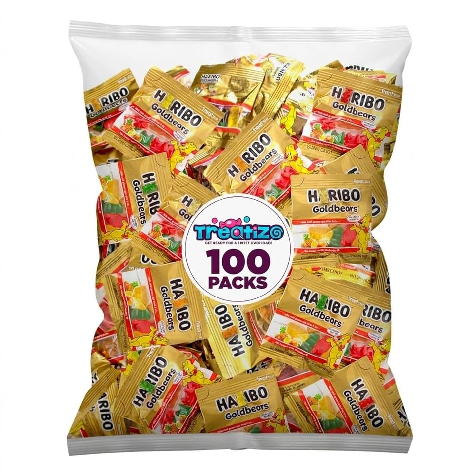 Treatizo Haribo Goldbears 100-count bag, convenient individually wrapped snacks for on-the-go tasting.