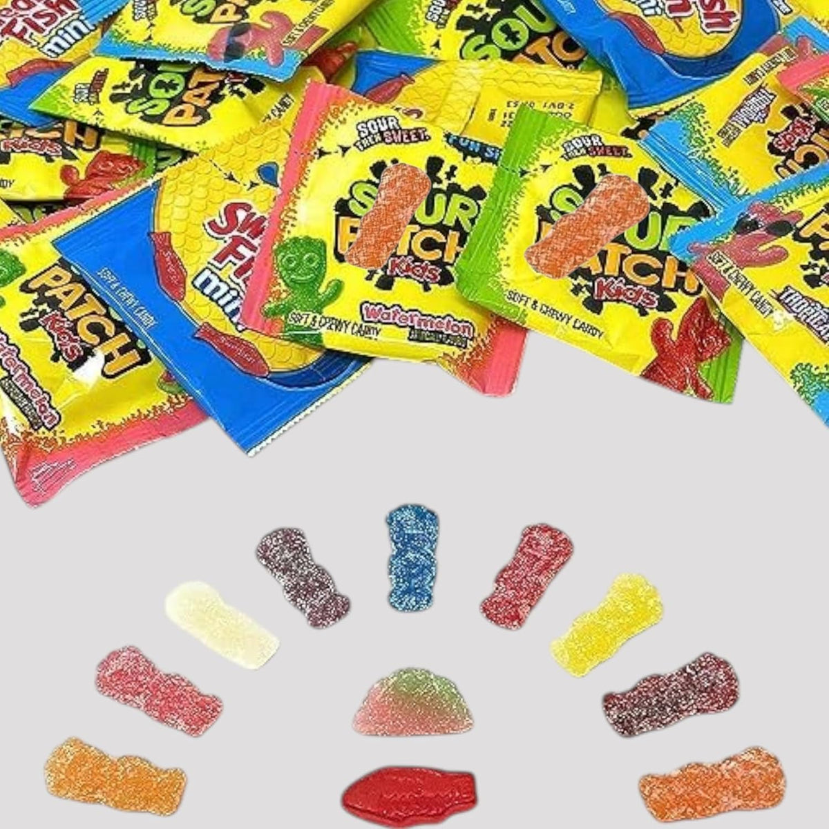 Treatizo Sour Patch Kids spill of assorted gummies for a snack setup