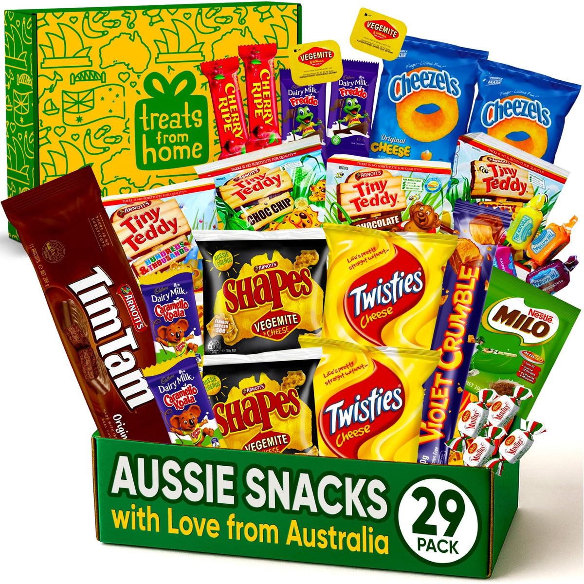 Treats from Home Australian Snack Box 29 Pack showcasing authentic flavors for sharing