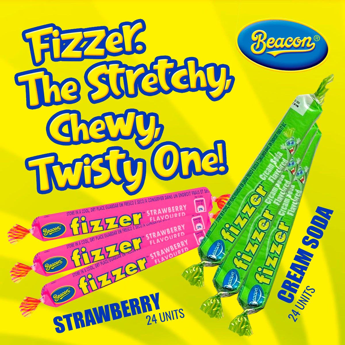Beacon Fizzers brand logo scene evokes authentic South African candy heritage.