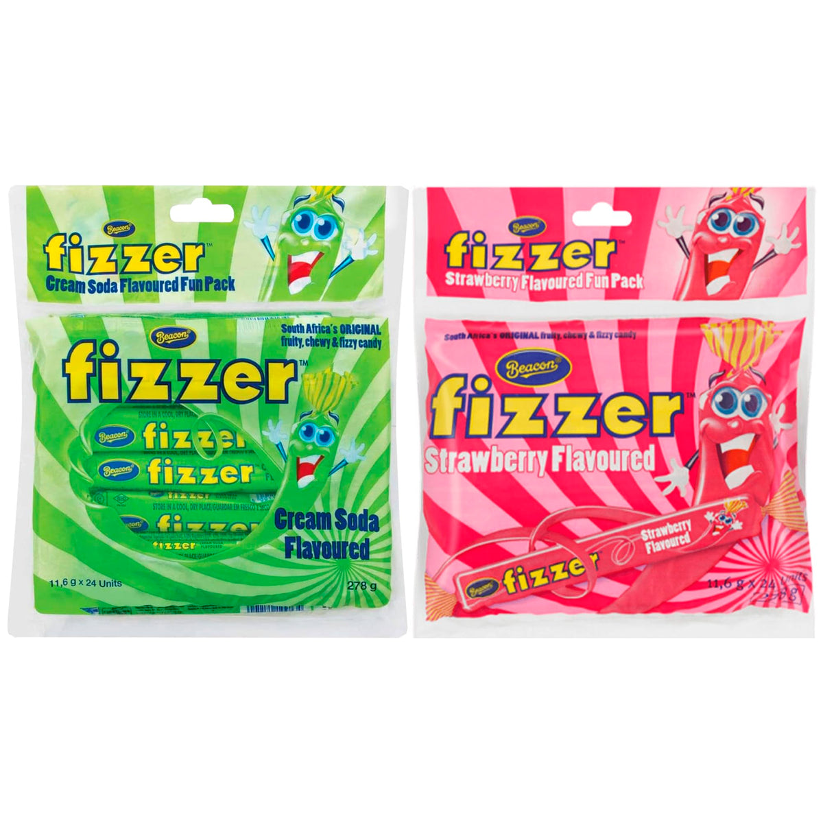 Beacon Fizzers Soda Cream Strawberry packaging closeup highlights vibrant colors and nostalgia.