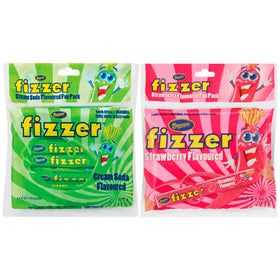 Beacon Fizzers Soda Cream Strawberry packaging closeup highlights vibrant colors and nostalgia.