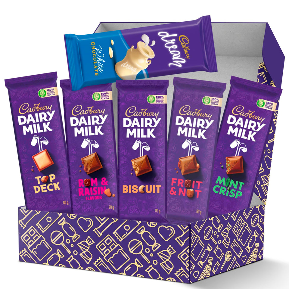 Treats from Home Cadbury Slabs box with six flavors, ideal for gifting and sharing.