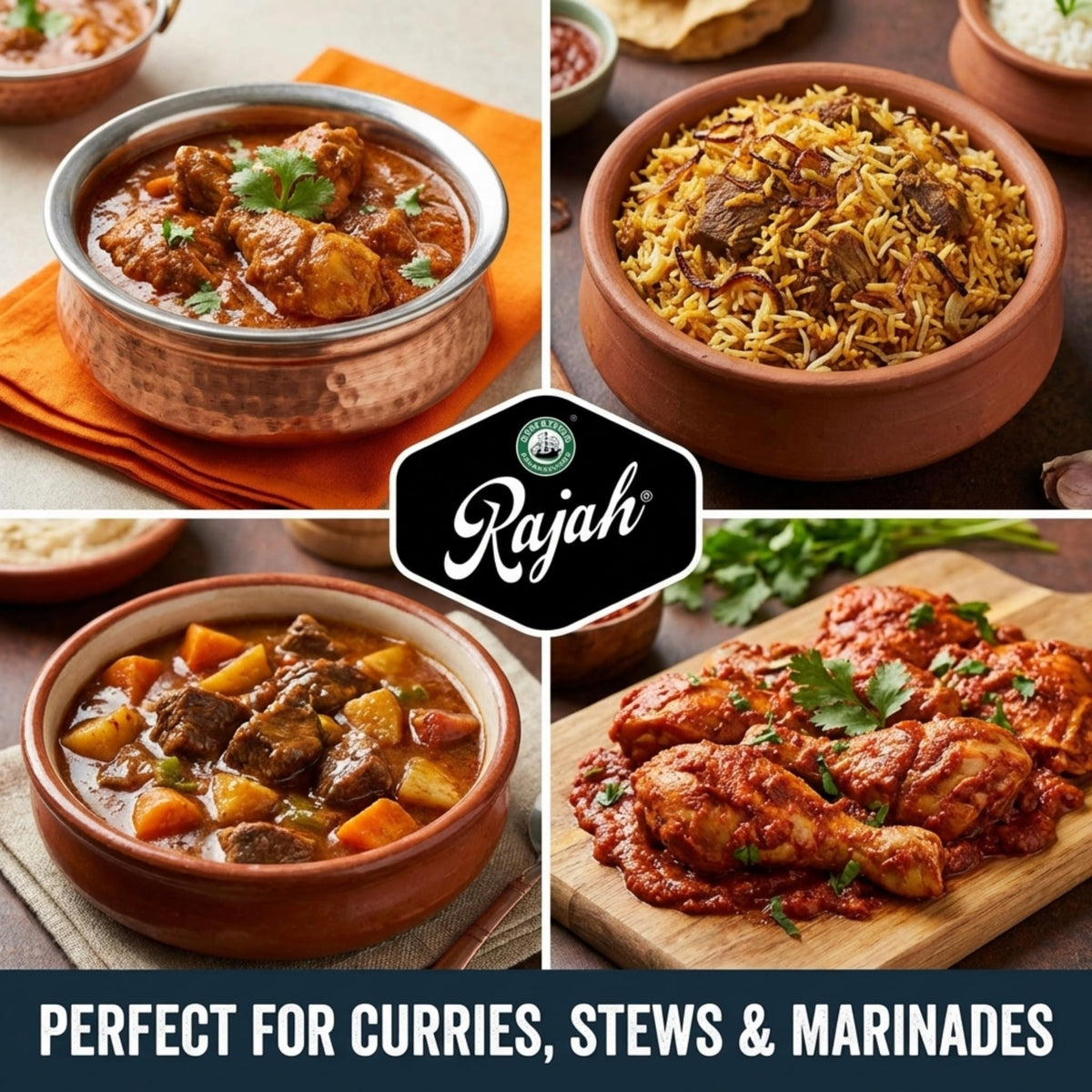 Treats from Home Rajah curry dish ready to enjoy with steaming pot scene.
