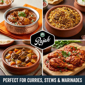 Treats from Home Rajah curry dish ready to enjoy with steaming pot scene.