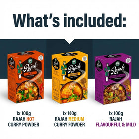 Treats from Home Rajah mild curry powder tin offers gentle heat for families.