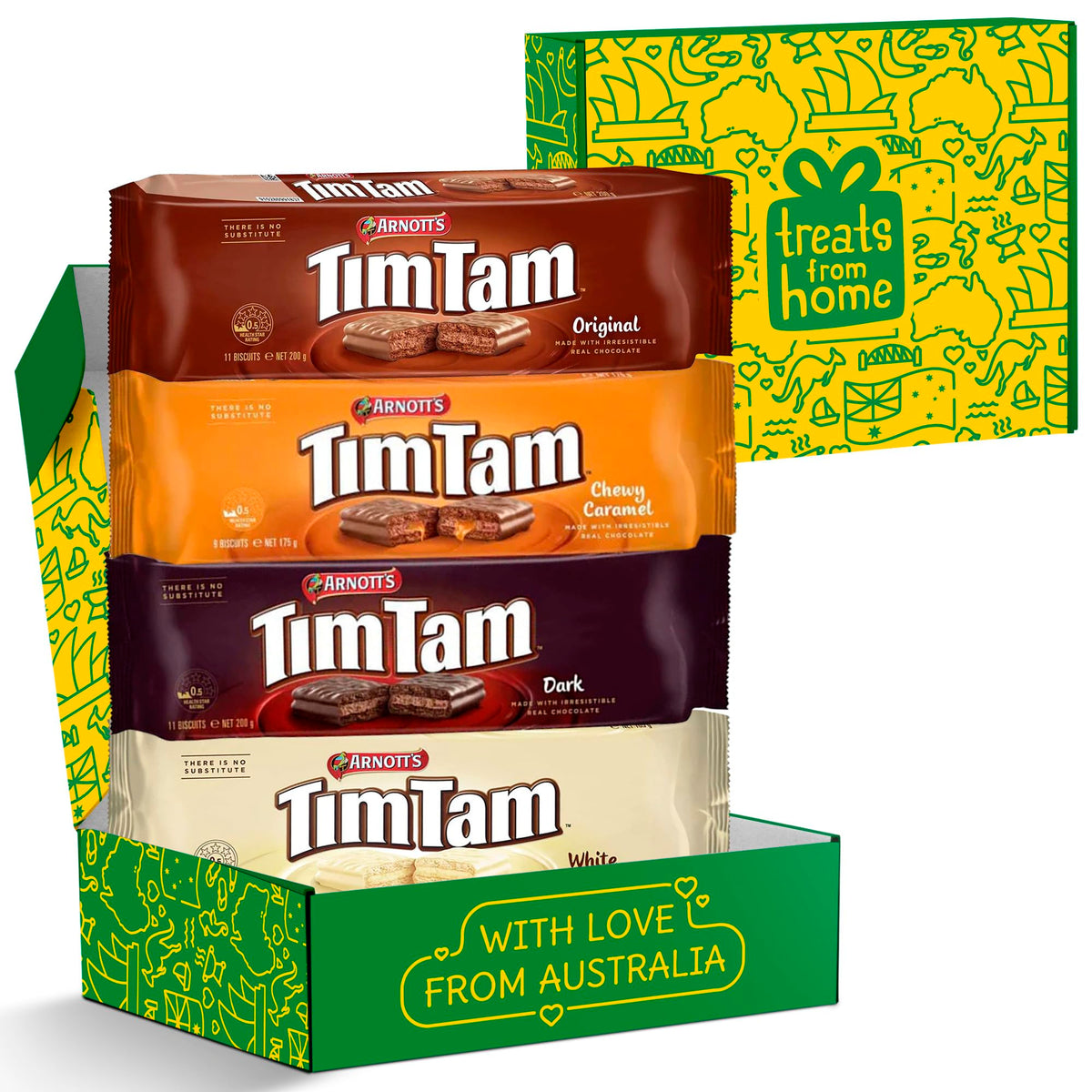 Treats from Home Tim Tam 4-pack gift display showcasing a versatile chocolate snack collection.