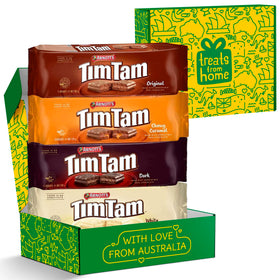 Treats from Home Tim Tam 4-pack gift display showcasing a versatile chocolate snack collection.