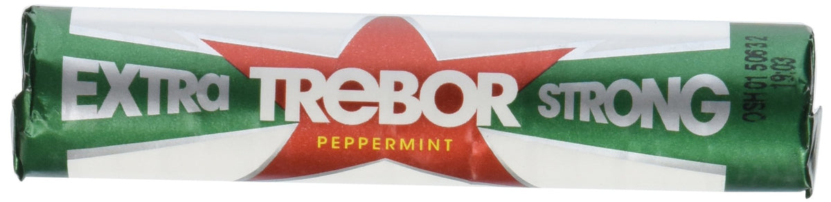 Trebor Extra Strong Mints close-up highlights peppermint flavor and a powerful breath-freshening bite