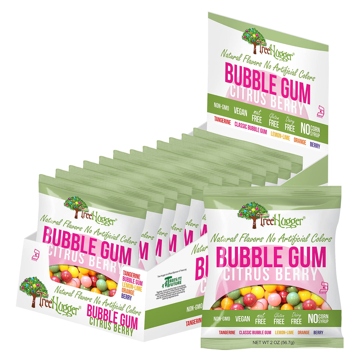 Tree Hugger Bubble Gum Citrus Berry pack shows natural flavors for clean snacking