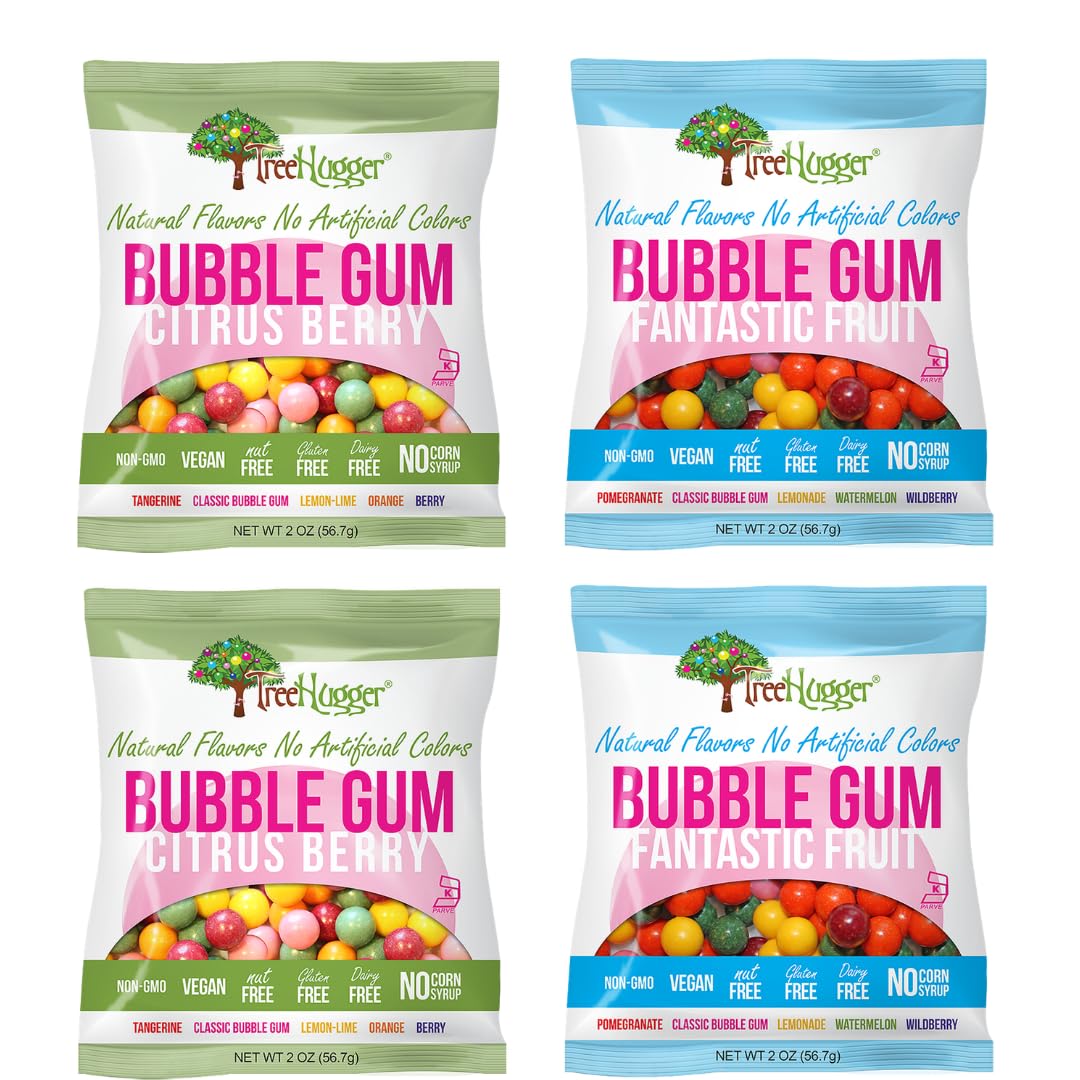 Tree Hugger Bubble Gum Citrus Berry pieces in vibrant colors; vegan and gluten-free snack.