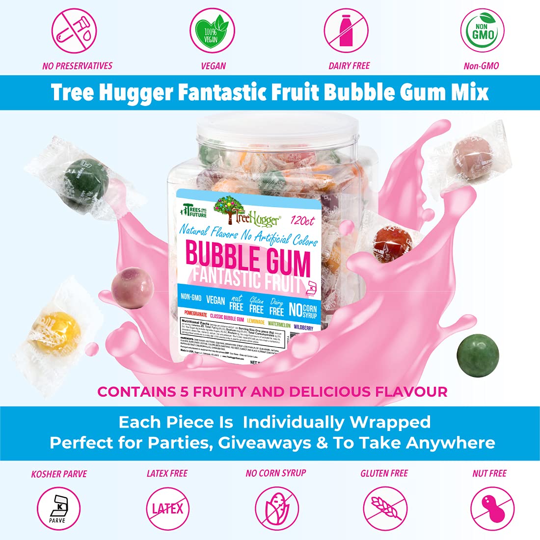 Tree Hugger Bubble Gum balls inside tub show large size and vibrant fruit flavors.