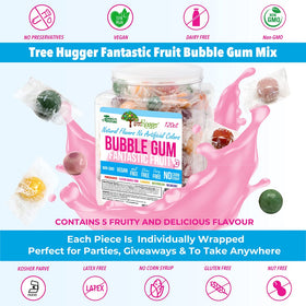 Tree Hugger Bubble Gum balls inside tub show large size and vibrant fruit flavors.