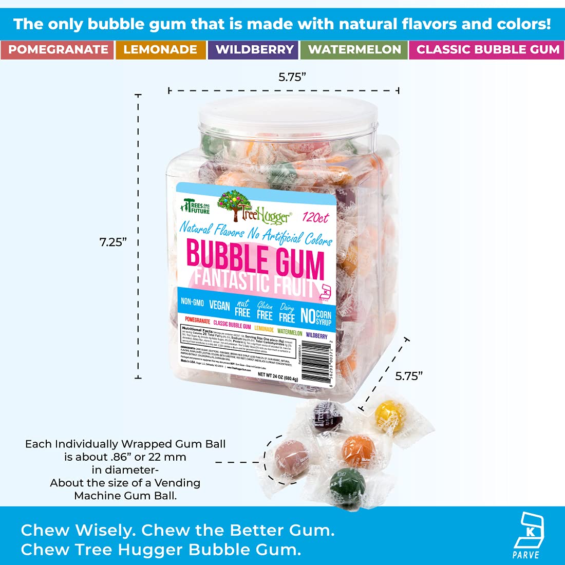 Tree Hugger Bubble Gum features non-GMO ingredients for a clean label.