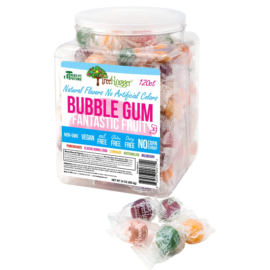 Tree Hugger Bubble Gum Fantastic Fruit tub unopened, ready for a tasty, natural-flavored chew.