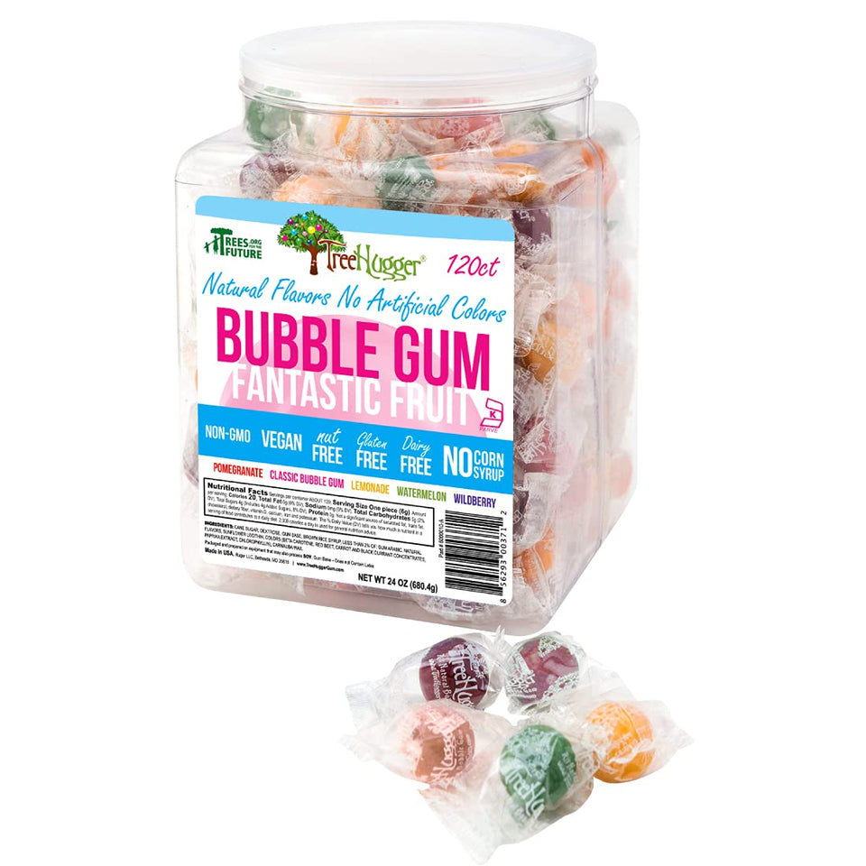 Tree Hugger Bubble Gum Fantastic Fruit tub unopened, ready for a tasty, natural-flavored chew.