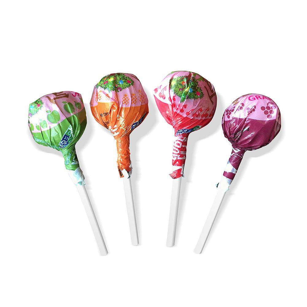 Close-up of Tree Hugger Bubble Gum Filled Pops with four flavors.