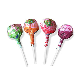 Close-up of Tree Hugger Bubble Gum Filled Pops with four flavors.