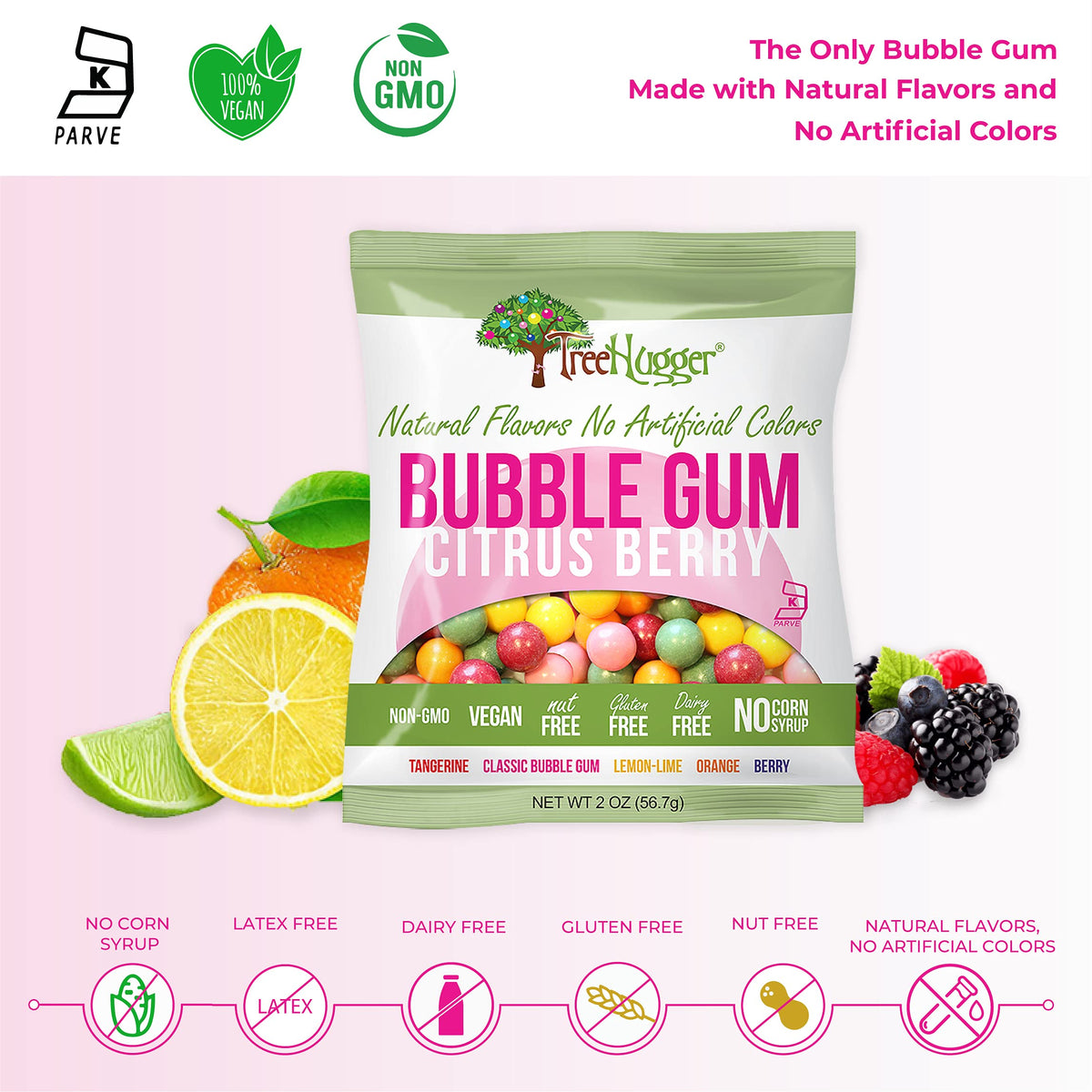Tree Hugger Bubble Gum ingredients label shows no artificial colors or flavors