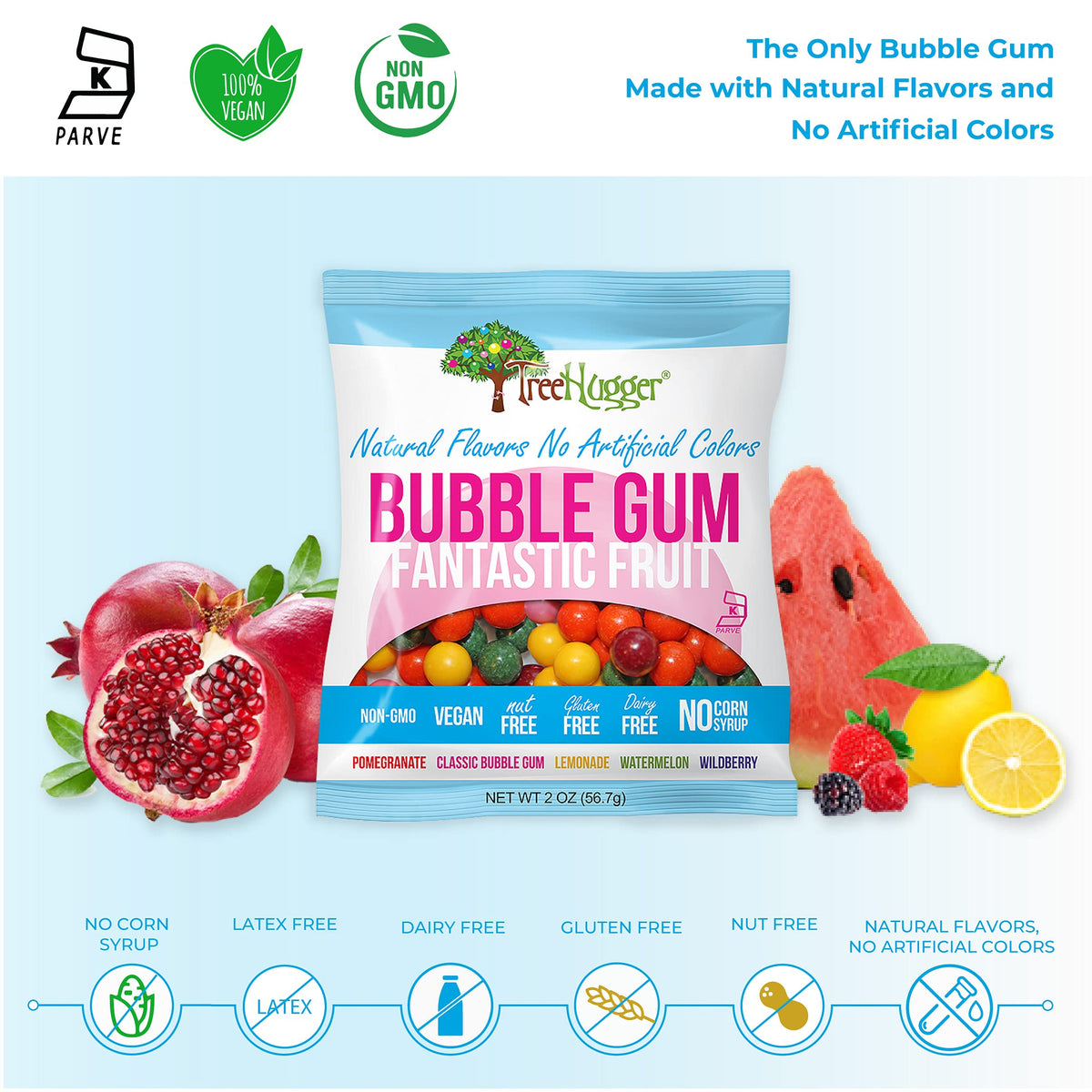 Tree Hugger bubble gum uses non-GMO vegan ingredients for mindful snacking.