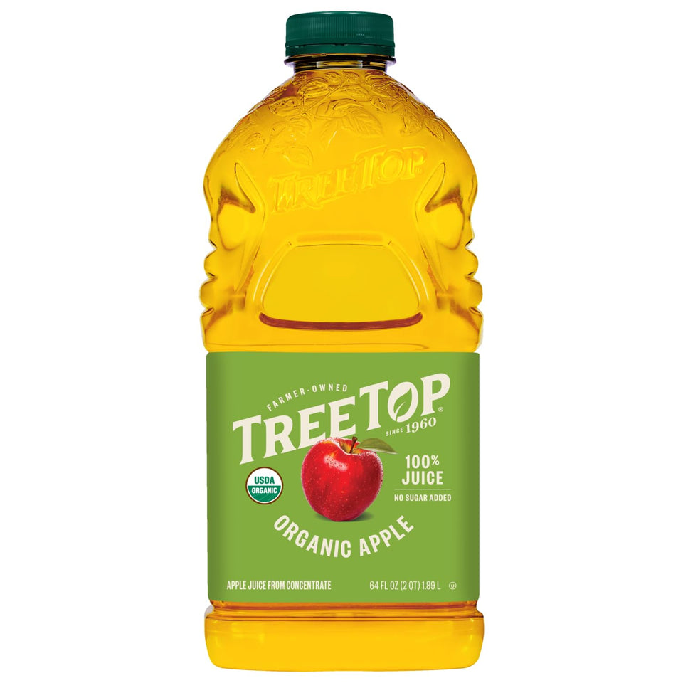 Tree Top Organic Apple Juice 64oz bottle front, pure flavor from USA apples for family hydration.