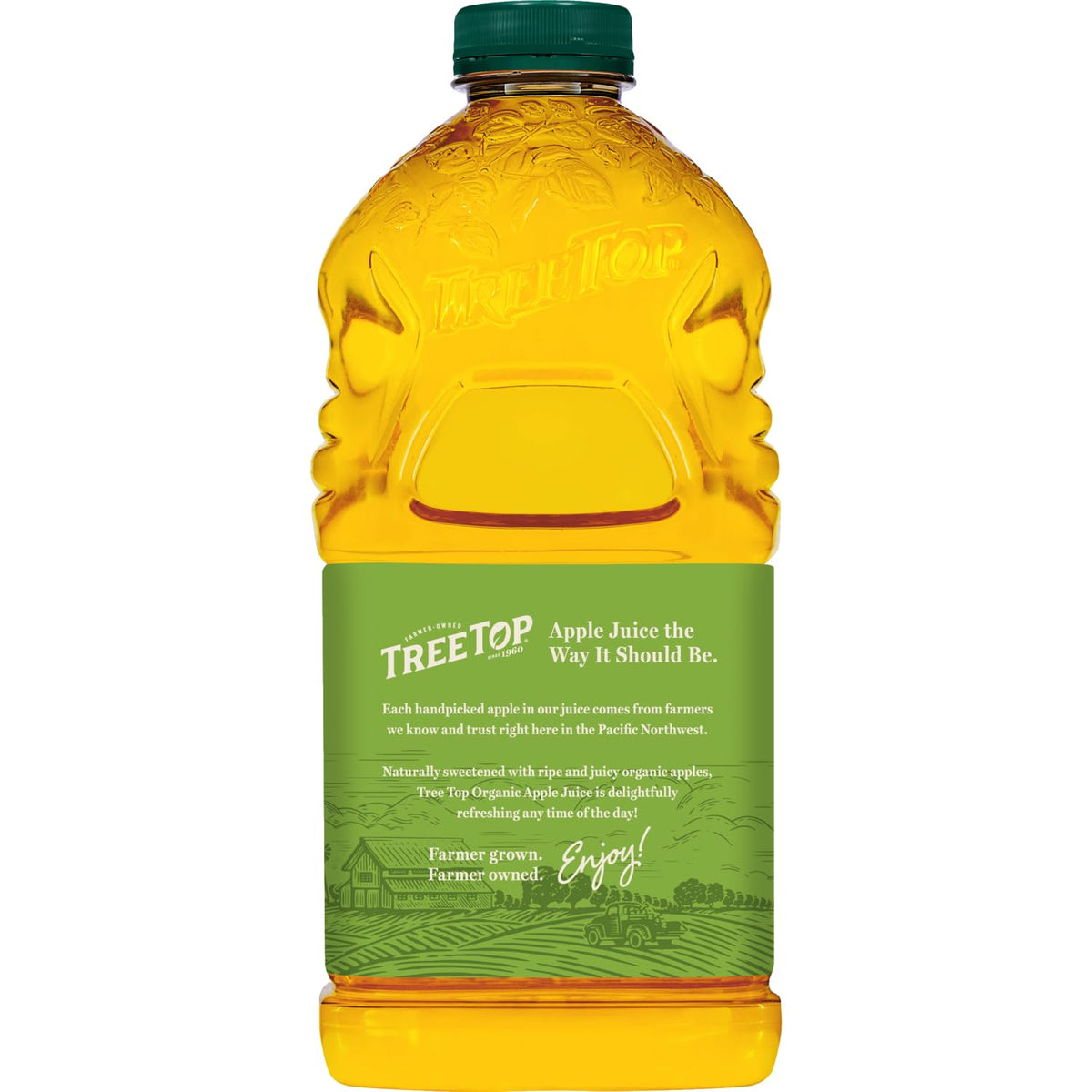 Tree Top Organic Apple Juice label and certifications indicate trusted organic quality.