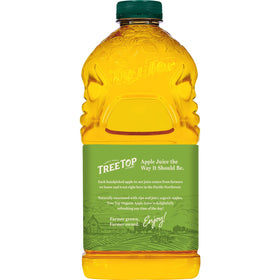 Tree Top Organic Apple Juice label and certifications indicate trusted organic quality.