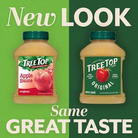 Tree Top Original Applesauce jar back with nutrition facts for informed snacking.