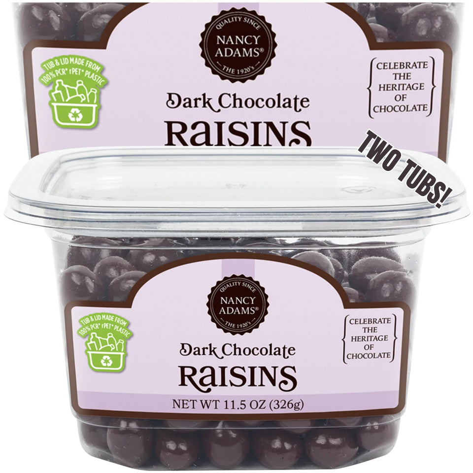 Tree Treasures 2ct dark chocolate raisins tub with fresh packaging, ideal for gifting