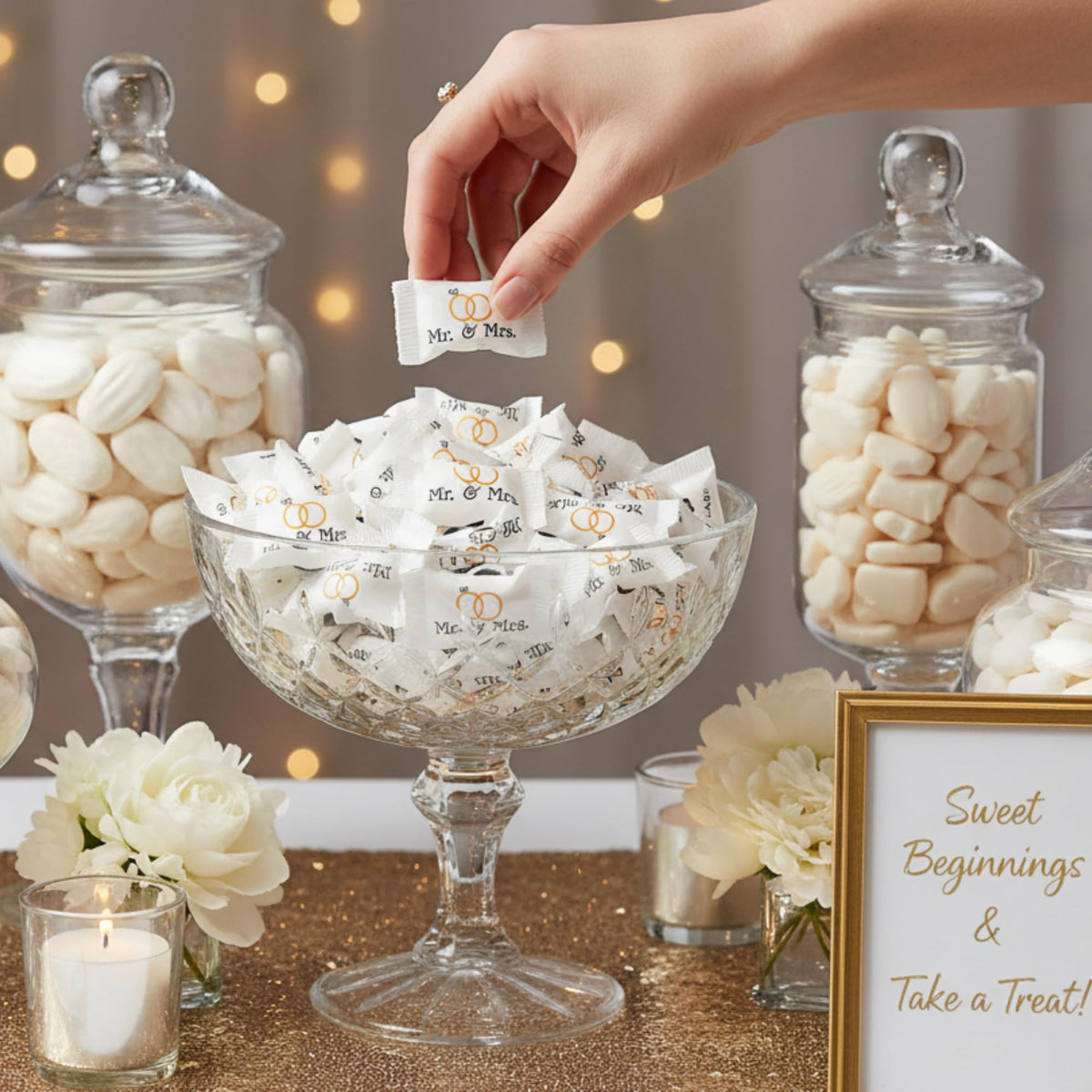 Tree Treasures bridal shower favors featuring elegant wrapped mints