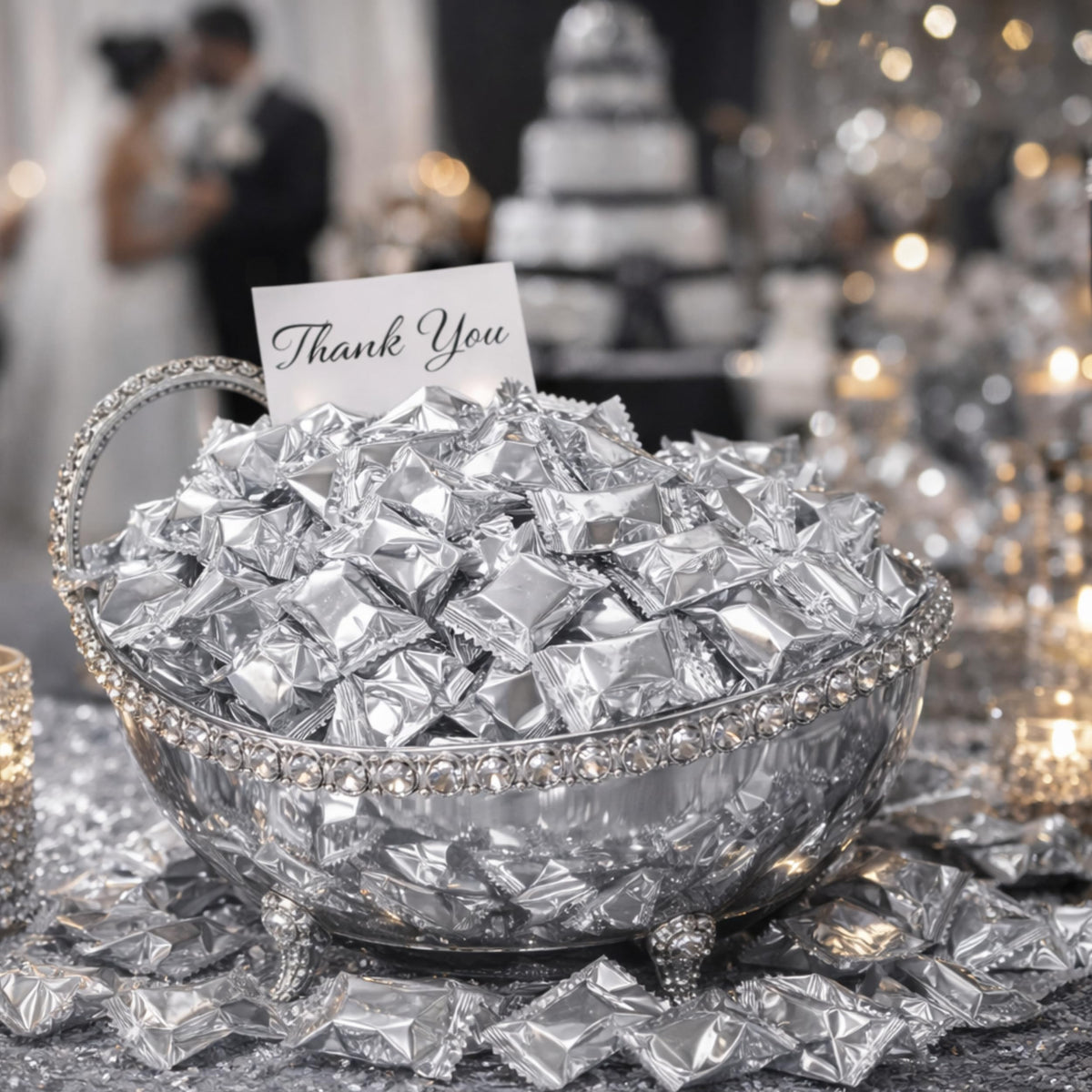 Tree Treasures bulk candy buffet with silver wrapped butter mints