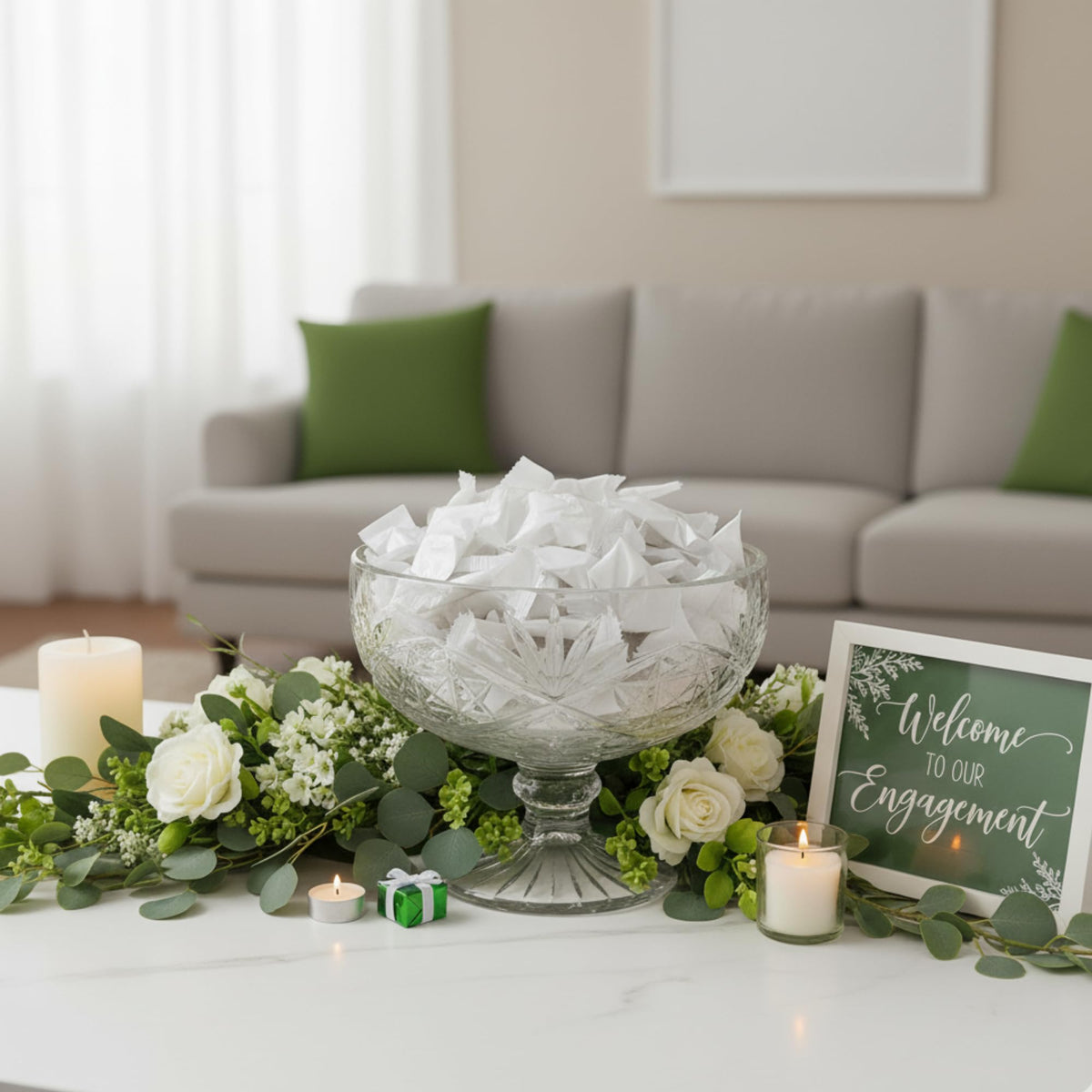 Tree Treasures mint displays in apothecary jars at an event