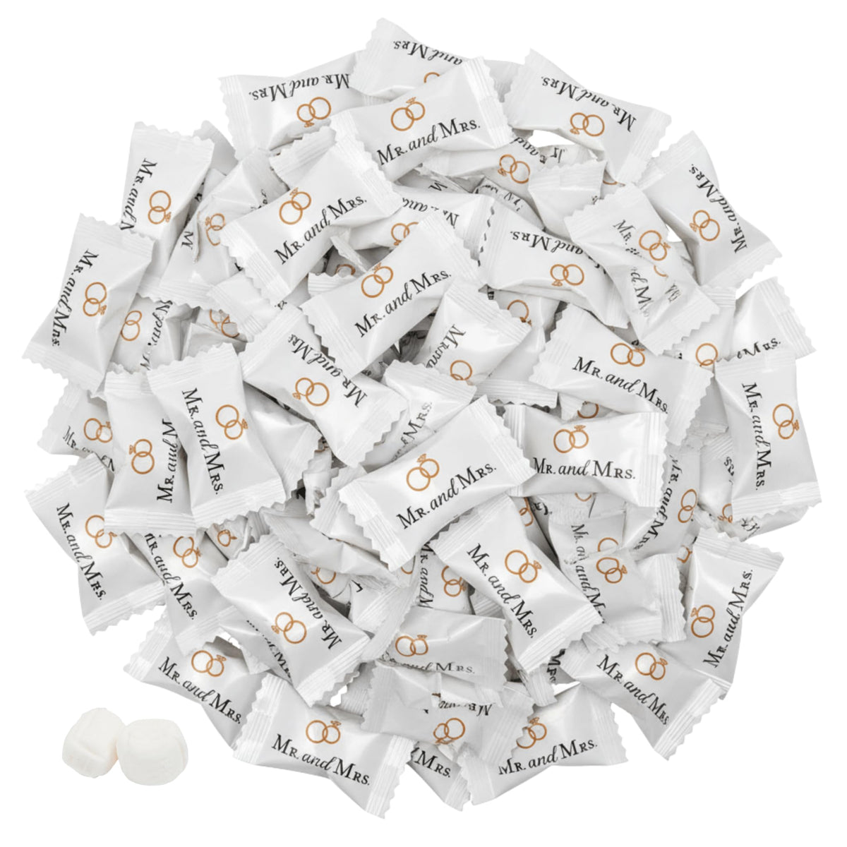 Tree Treasures Mr and Mrs wedding mints, individually wrapped for elegant guest favors