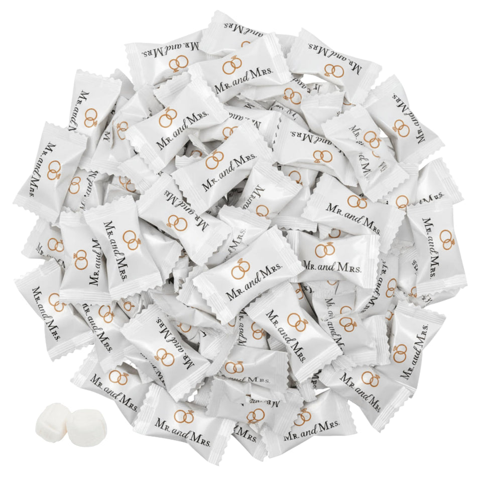 Tree Treasures Mr and Mrs wedding mints, individually wrapped for elegant guest favors