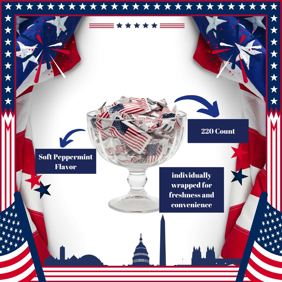 Tree Treasures patriotic candy with flag wraps creates festive parade and buffet appeal.