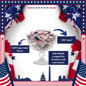 Tree Treasures patriotic candy with flag wraps creates festive parade and buffet appeal.