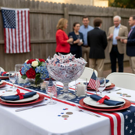 Tree Treasures patriotic dessert table display with mint bowls elevates your party aesthetic.