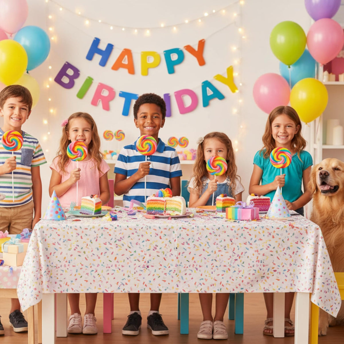 Tree Treasures rainbow lollipops on sticks—colorful decor for photo booths and birthday tables.