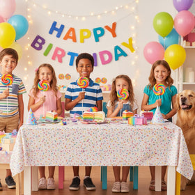 Tree Treasures rainbow lollipops on sticks—colorful decor for photo booths and birthday tables.