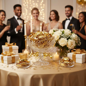 Tree Treasures retirement mints presented in gold-wrapped bulk for guests.