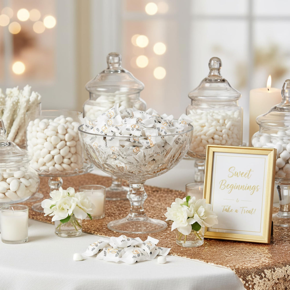 Tree Treasures wedding candy bar display with 216 mints for guest tables