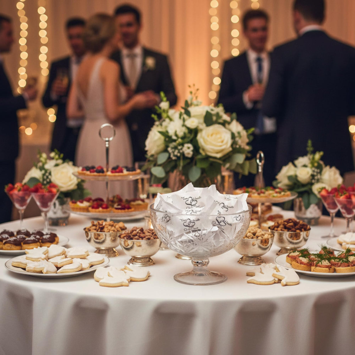 Tree Treasures wedding favors display with two-hearts motif.