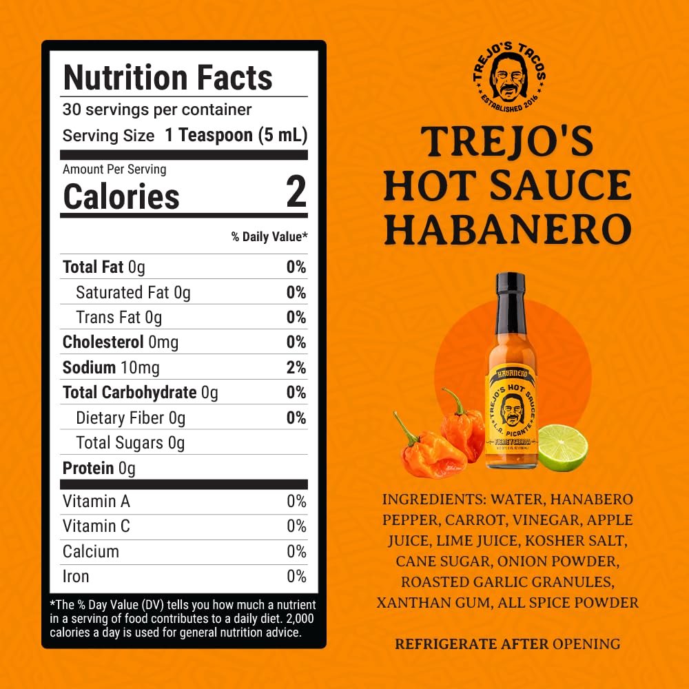Trejo's Habanero Hot Sauce label close-up highlighting ingredients