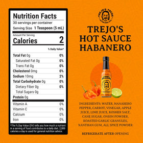 Trejo's Habanero Hot Sauce label close-up highlighting ingredients