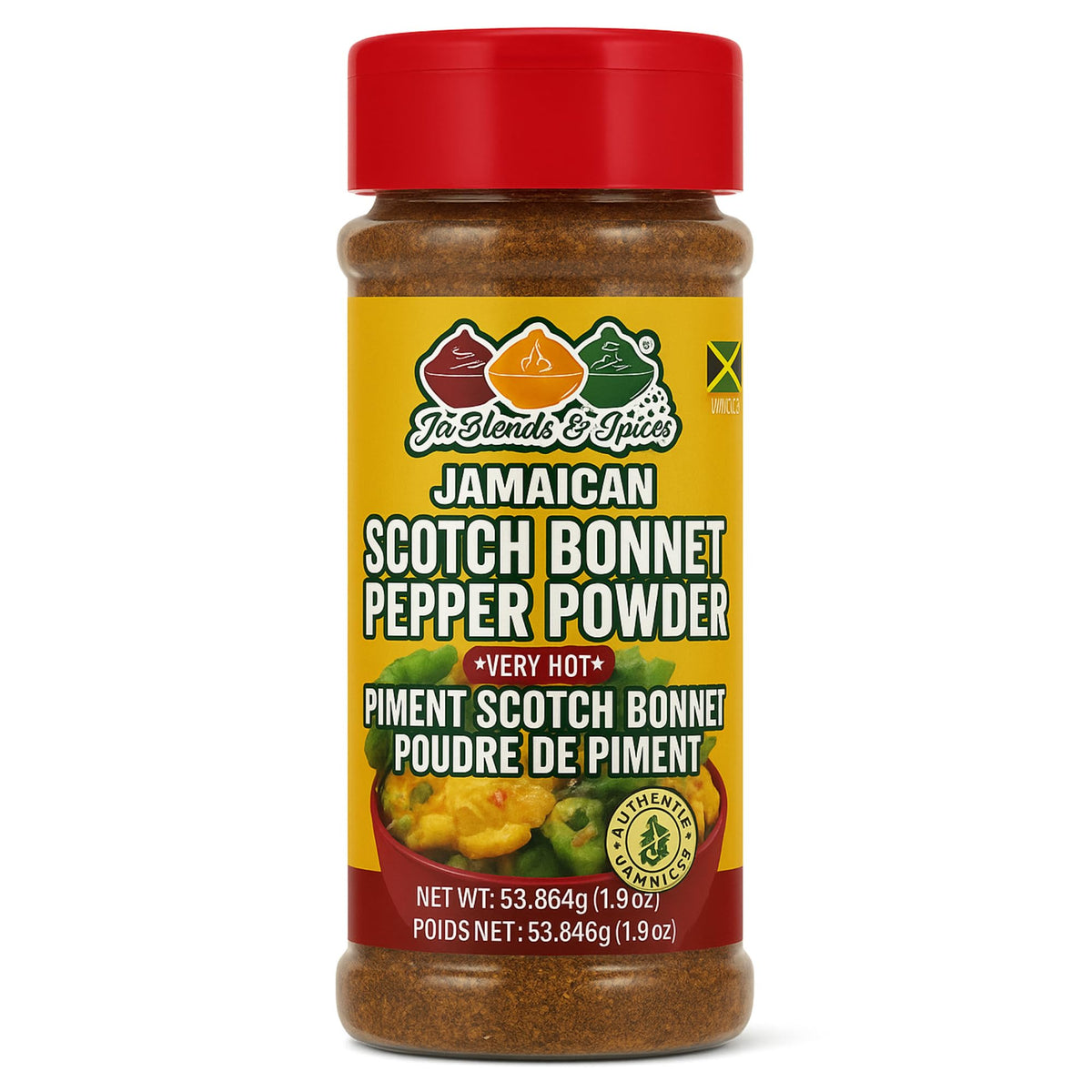 Trelawny Inspirations Jamaican Scotch Bonnet Powder jar close-up for authentic heat and flavor